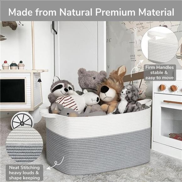 Large Toy Storage Basket, Grey Cotton Rope Baskets Toy Storage Bin - Picture 6 of 8